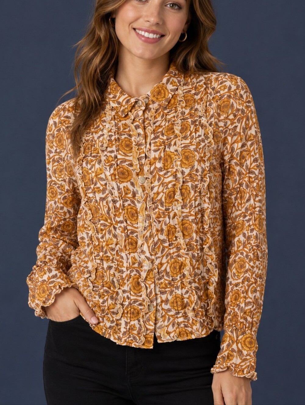 IVY JANE Retro Goldenrod Floral Ruffle Tuxedo Button Down Long Sleeve Shirt
